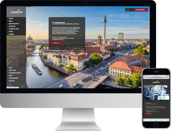 Monitor und Smartphone zeigt hoerbiger holding ag, corporate website, design, konzept, webentwicklung, GAXWEB Werbeagentur und Internetagentur in Karlsruhe