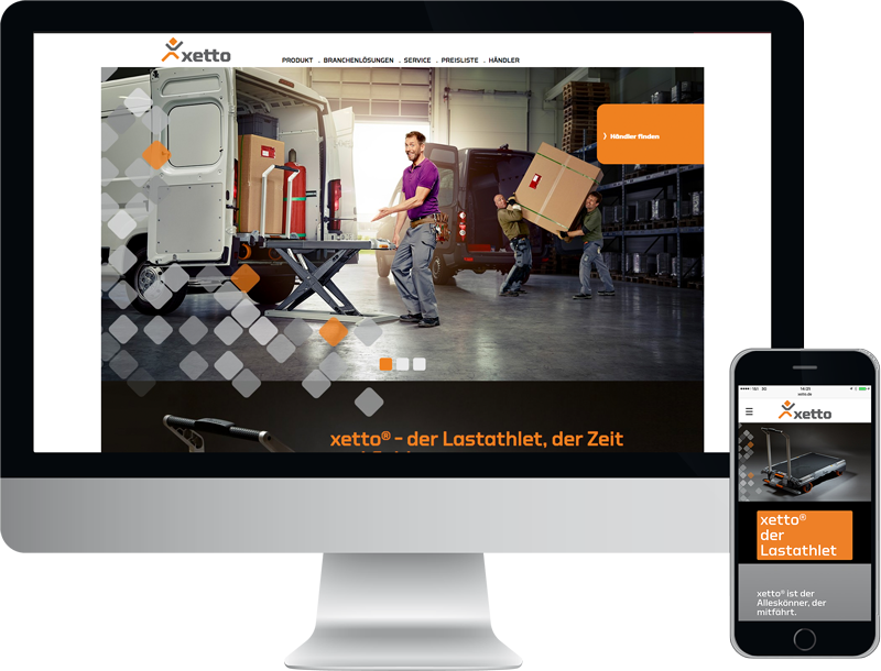 Monitor und Smartphone zeigt die corporate website von xetto®, Hubwagen, Lastenathlet, webentwicklung, GAXWEB Werbeagentur und Internetagentur in Karlsruhe