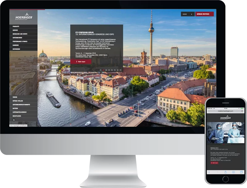 Monitor und Smartphone zeigt hoerbiger holding ag, corporate website, design, konzept, webentwicklung, GAXWEB Werbeagentur und Internetagentur in Karlsruhe