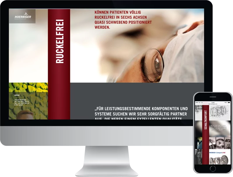 Monitor und Smartphone zeigt die Werbeline der HOERBIGER Holding AG, GAXWEB Werbeagentur und Internetagentur in Karlsruhe