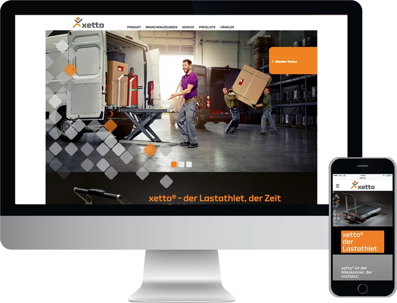 Monitor und Smartphone zeigt die corporate website von xetto®, Hubwagen, Lastenathlet, webentwicklung, GAXWEB Werbeagentur und Internetagentur in Karlsruhe